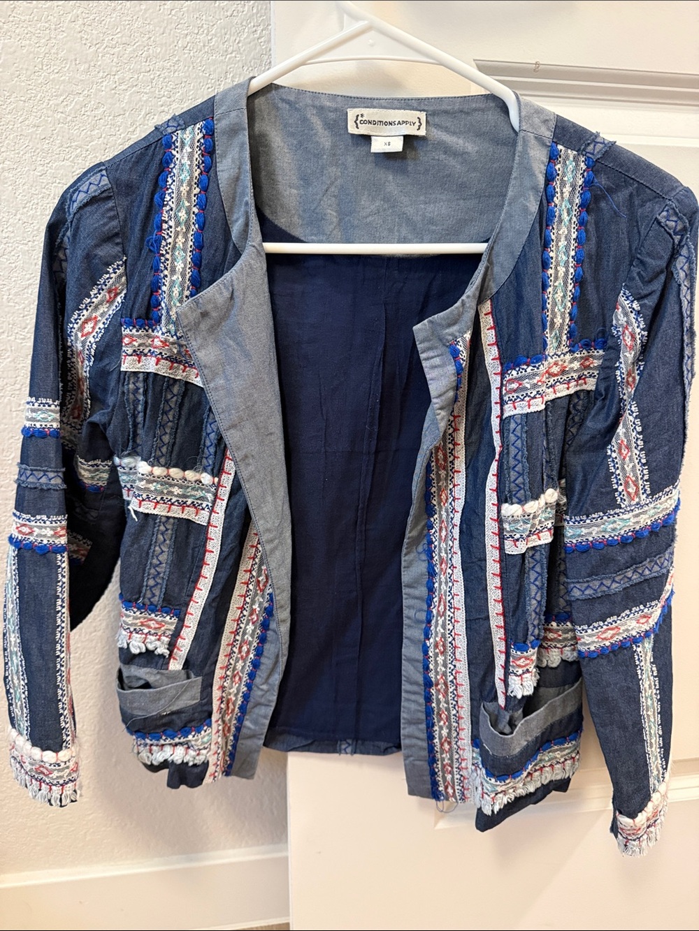 Anthropologie Indigo Denim Embroidered Blazer with Red, Blue & White Trim